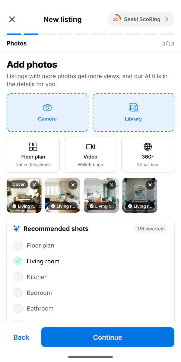 Krok fotografování v aplikaci s možnostmi fotoaparátu, video procházky a 360° záznamu