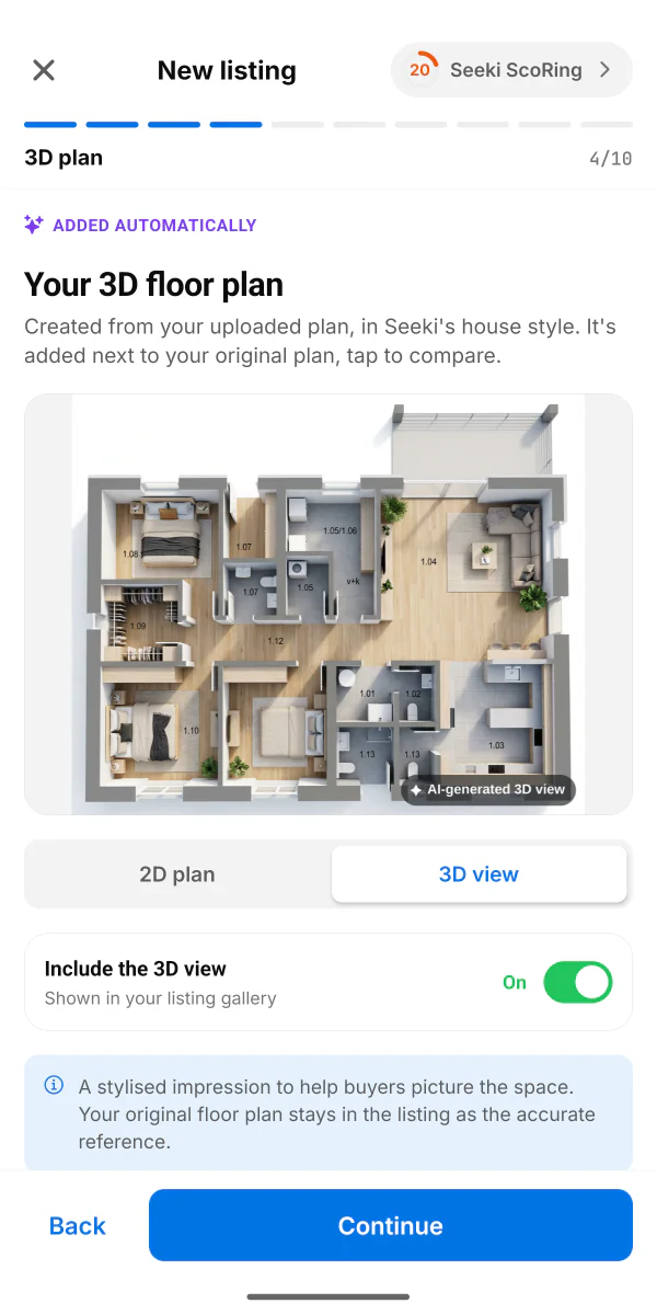 3D pohled vytvořený AI z nahraného půdorysu, s přepínačem na původní 2D plán