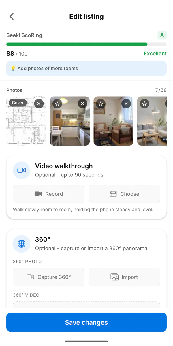 Průvodce inzerátem v aplikaci s volitelným pořízením 360° prohlídky, půdorysu a video procházky